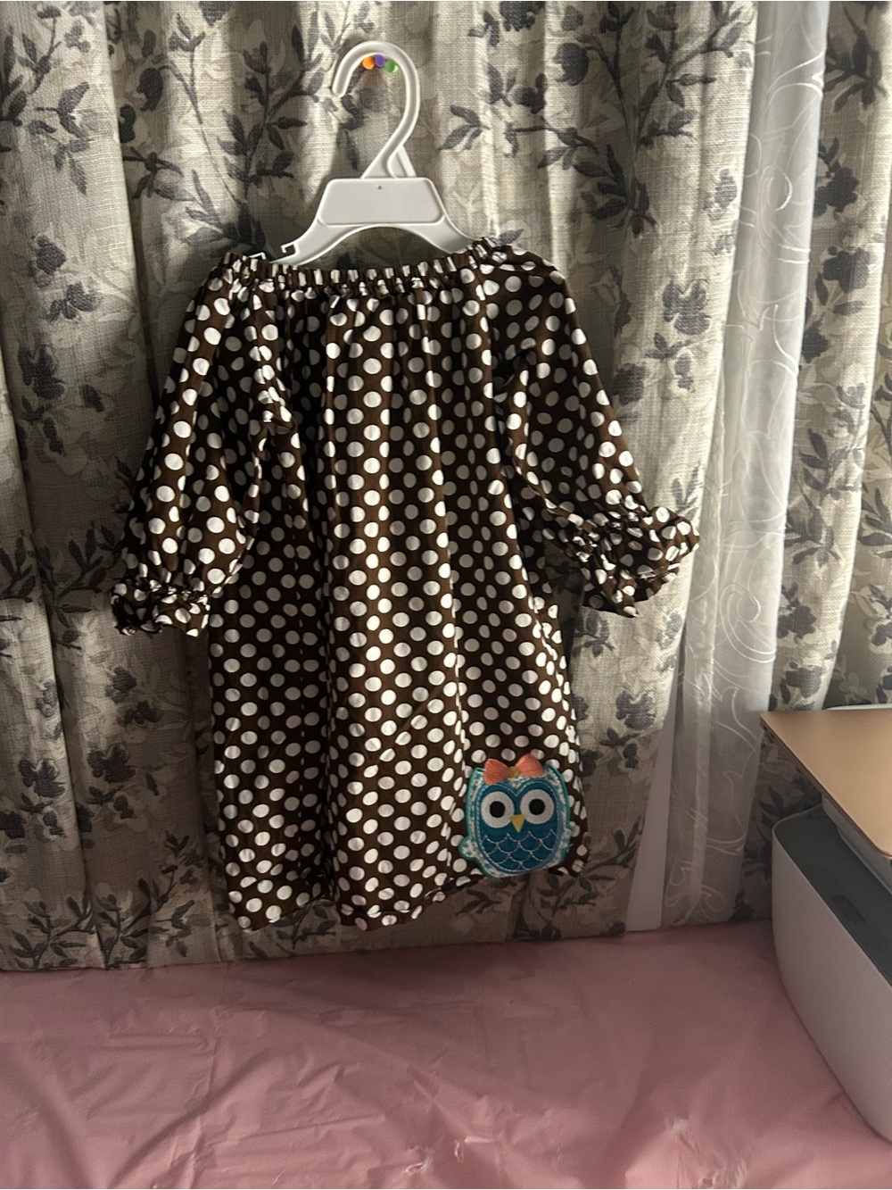 Princess Linens Brown & White Polka Dot Dress with Owl Patch